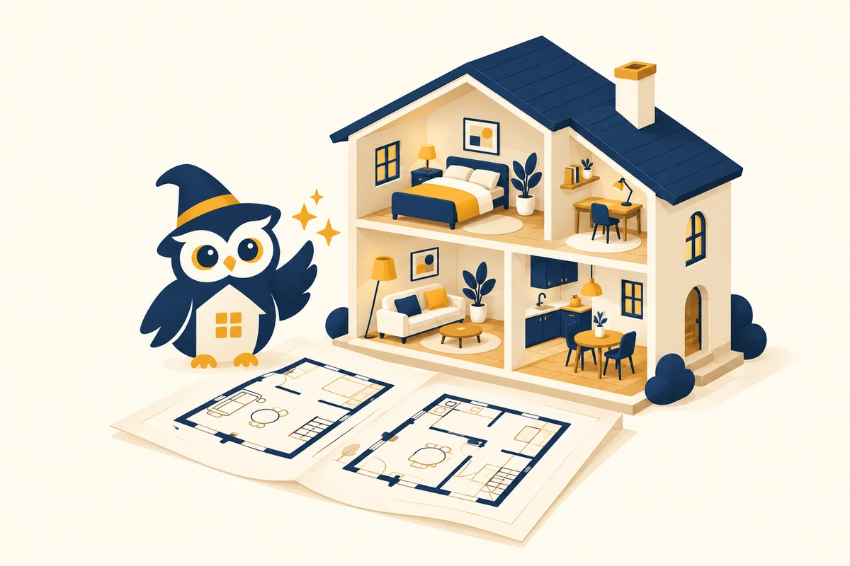 The Domus Wizard owl bringing a furnished home and its floor plans to life.